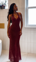 Burgundy Crystal Halter Maxi Dress