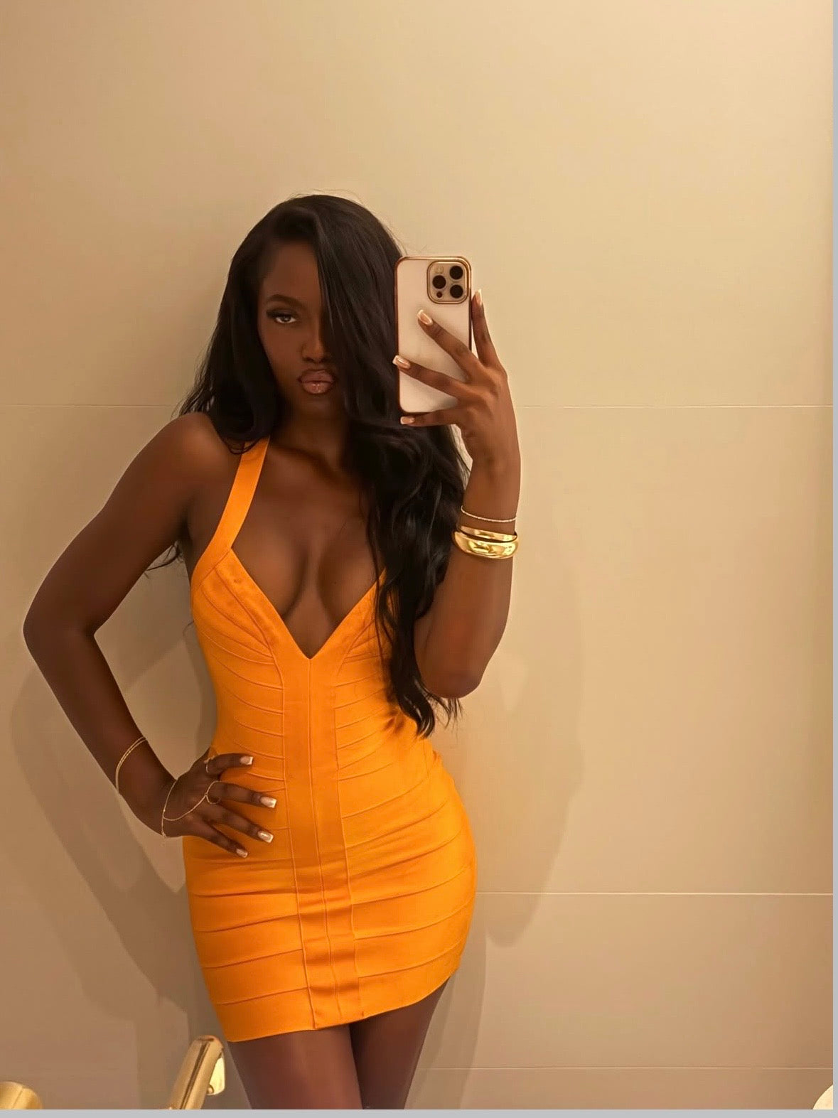 Orange Sculpted Halter Mini Dress