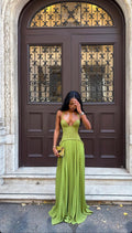 Luna Pleated Maxi Dress – Olive Green