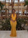 Mustard Draped Halter Maxi Dress