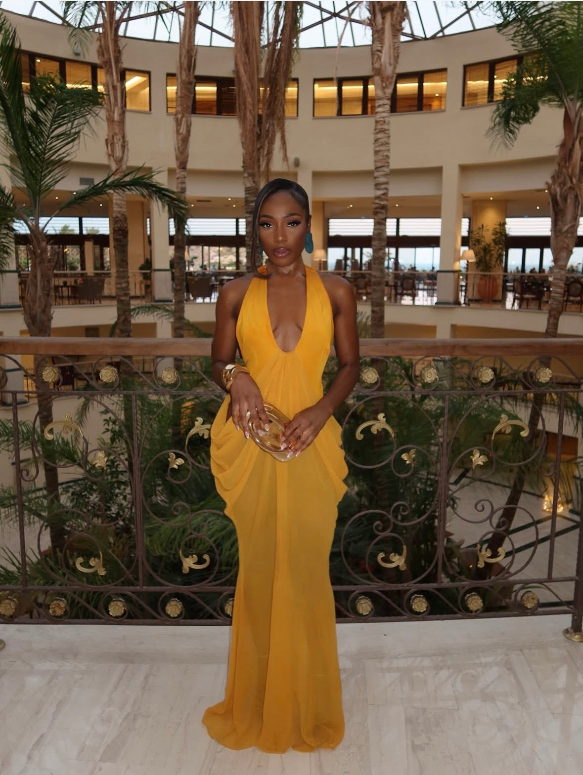 Mustard Draped Halter Maxi Dress