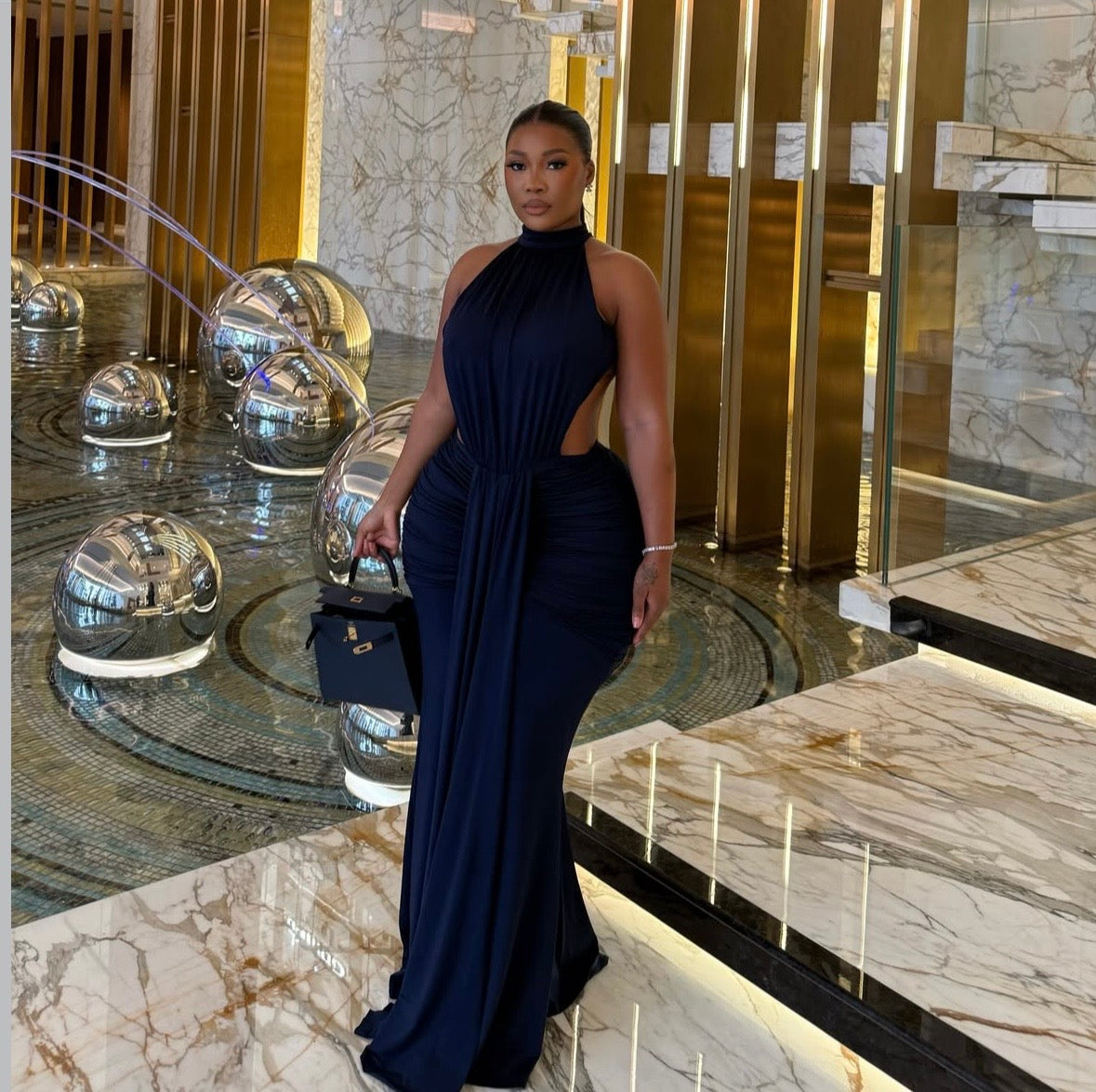 Elegant Ruched Halter Maxi Dress – Navy