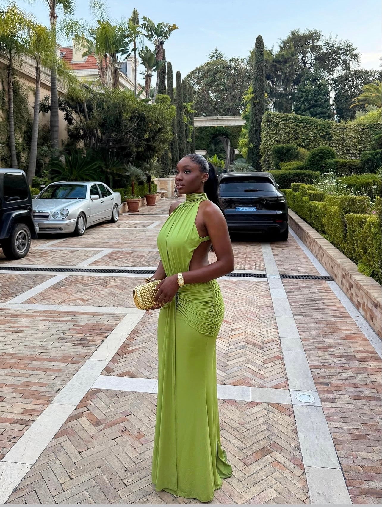 Elegant Ruched Halter Maxi Dress – green